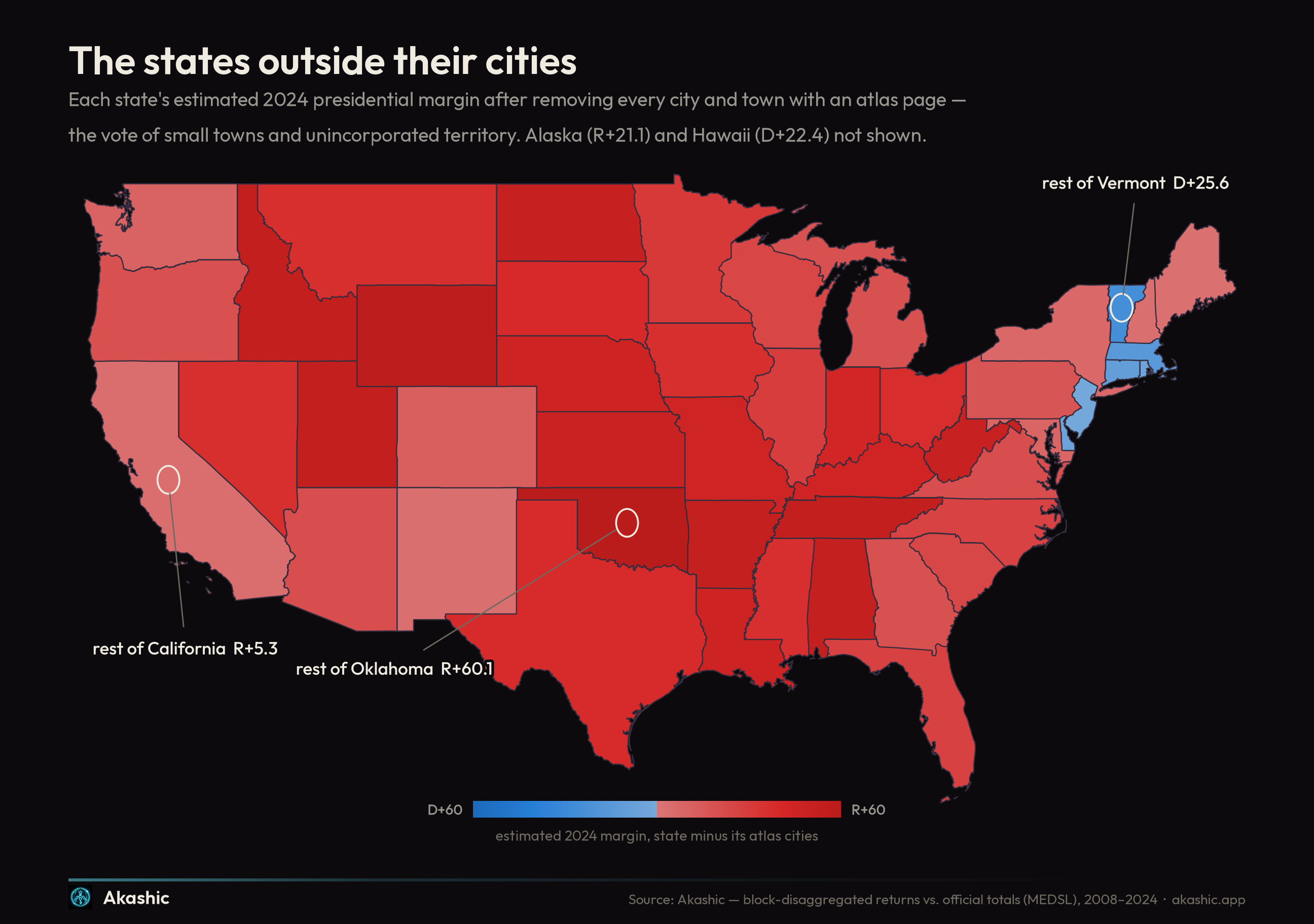 The states outside their cities — estimated 2024 margin of each state minus its atlas places