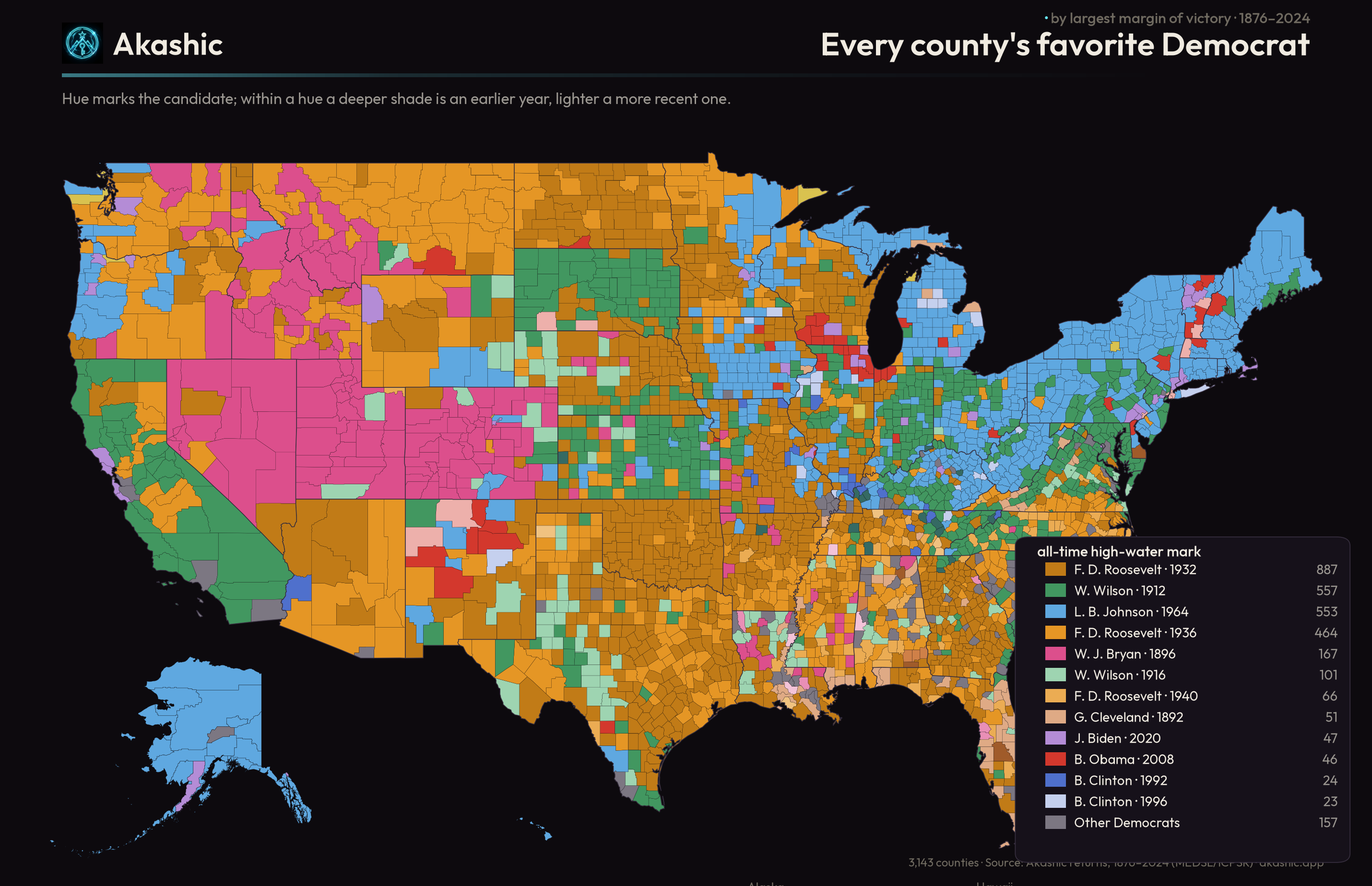 Every county's favorite Democrat, by margin of victory, 1876–2024. Color marks the candidate; shade marks the year of the peak.