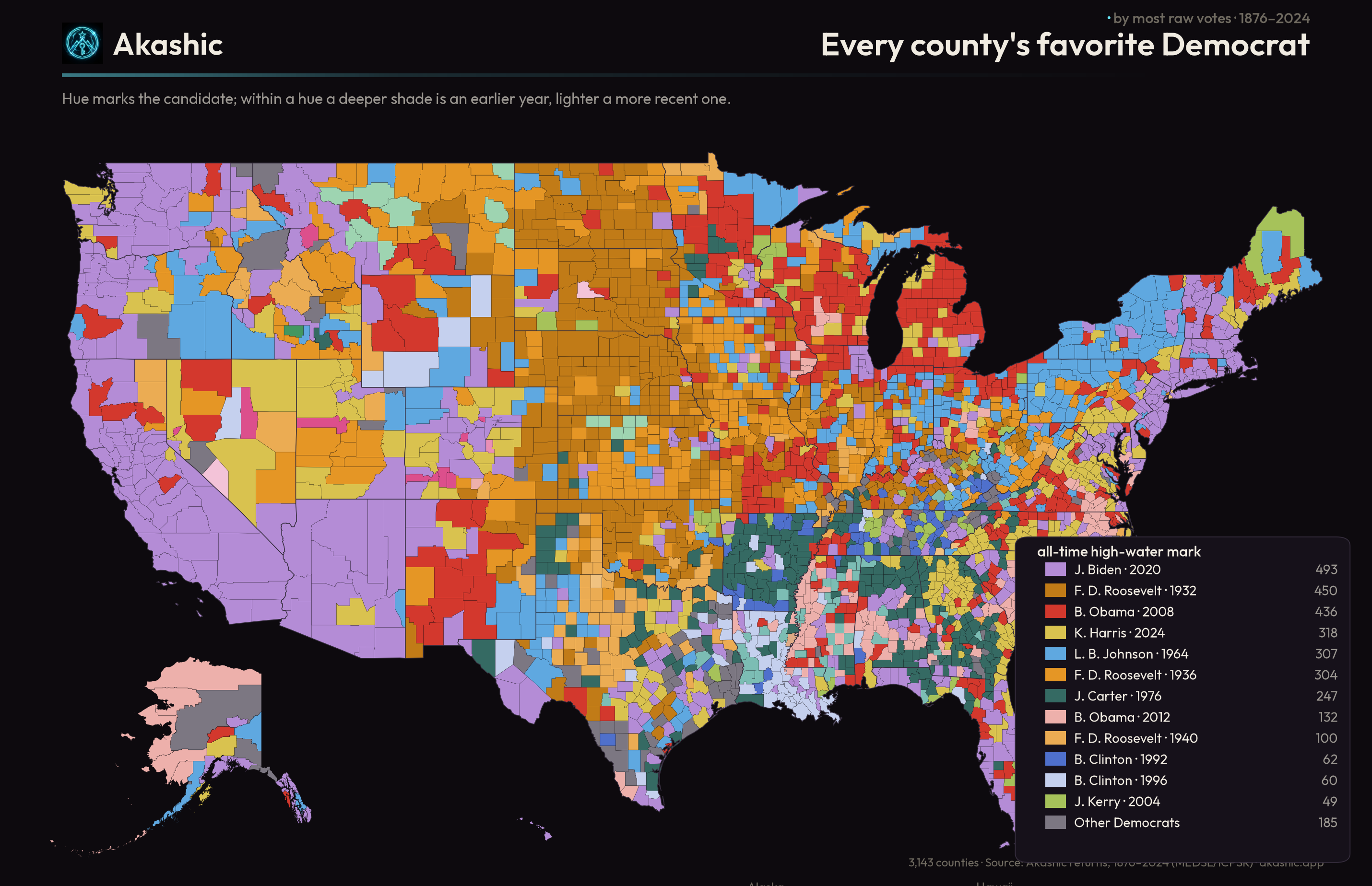 Where the Democrats drew their most raw votes, ever — the recent nominees hold the record, in the dense, growing metros.